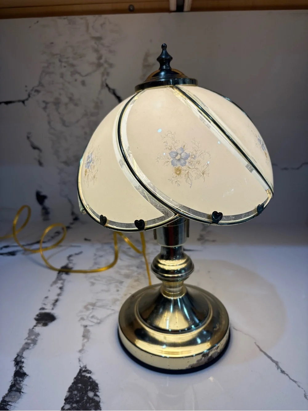 Vintage Brass Table Lamp with Cream Floral Glass Shade. Touch sensor